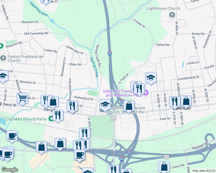 map of restaurants, bars, coffee shops, grocery stores, and more near 229 North 40th Street in Harrisburg