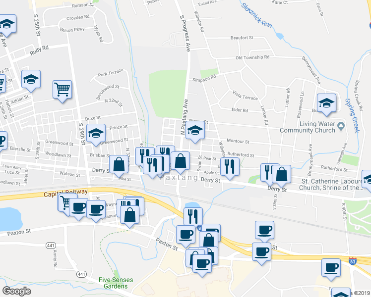 map of restaurants, bars, coffee shops, grocery stores, and more near 219 North Paxtang Avenue in Harrisburg