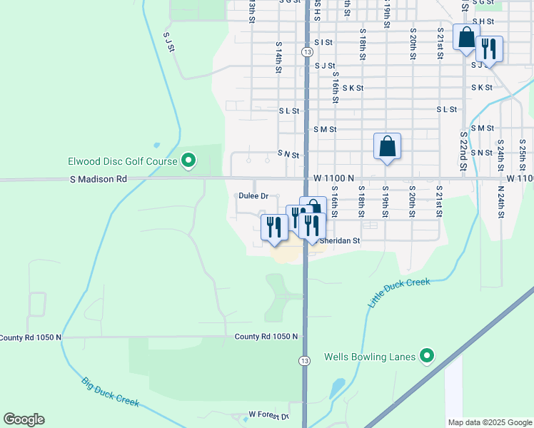 map of restaurants, bars, coffee shops, grocery stores, and more near 1305 Dulee Drive in Elwood