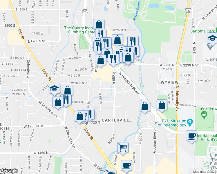 map of restaurants, bars, coffee shops, grocery stores, and more near 598 West 1975 North in Provo