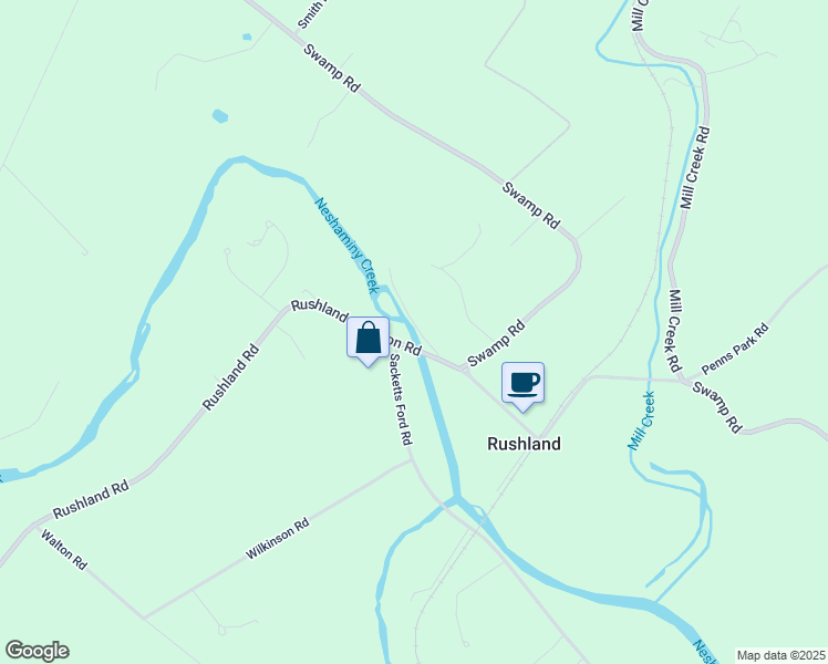 map of restaurants, bars, coffee shops, grocery stores, and more near 3135 Rushland Road in Jamison