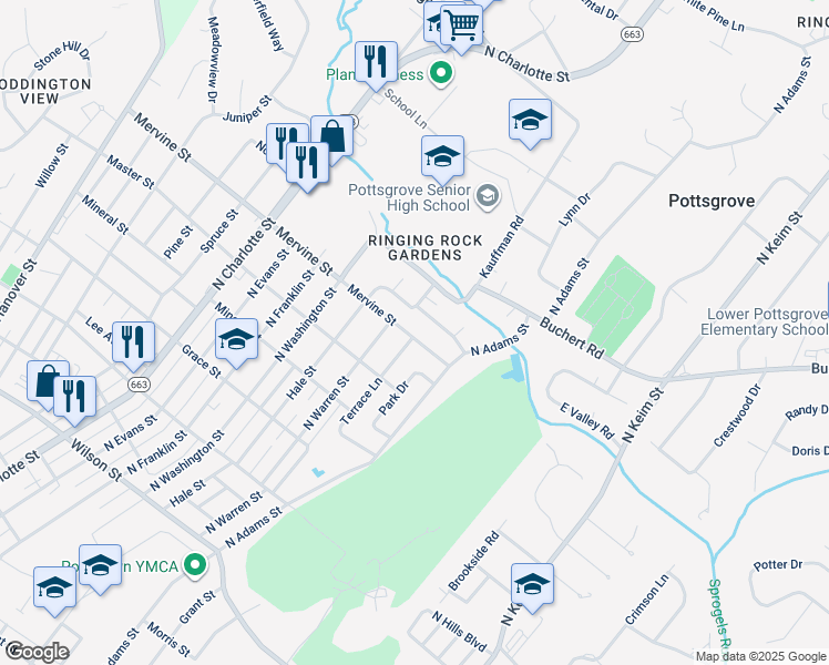 map of restaurants, bars, coffee shops, grocery stores, and more near 625 Mervine Street in Pottstown