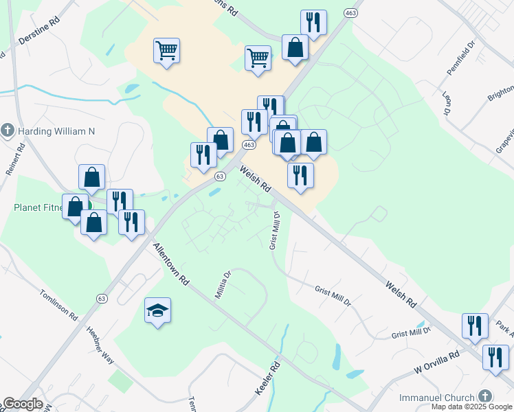 map of restaurants, bars, coffee shops, grocery stores, and more near 100 Jacobs Hall Lane in Lansdale