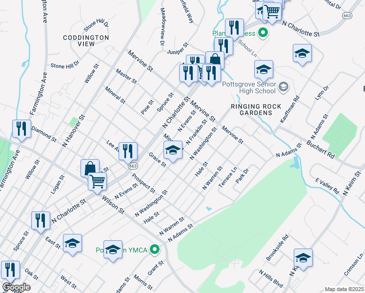 map of restaurants, bars, coffee shops, grocery stores, and more near 1101 North Franklin Street in Pottstown