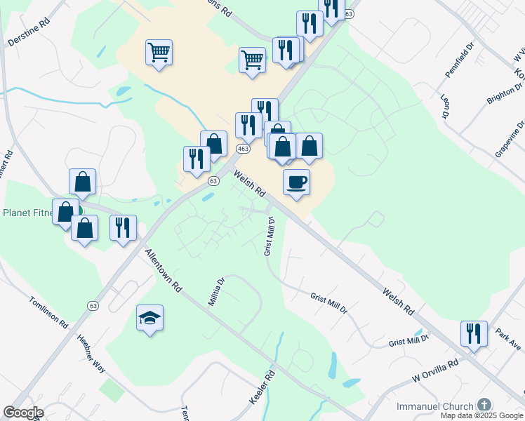 map of restaurants, bars, coffee shops, grocery stores, and more near 125 Jacobs Hall Lane in Lansdale