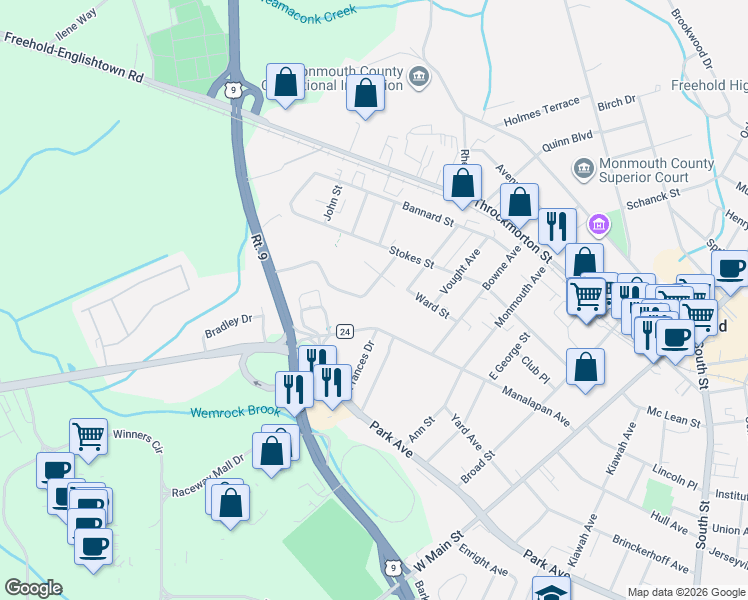 map of restaurants, bars, coffee shops, grocery stores, and more near 37 Kingsley Way in Freehold