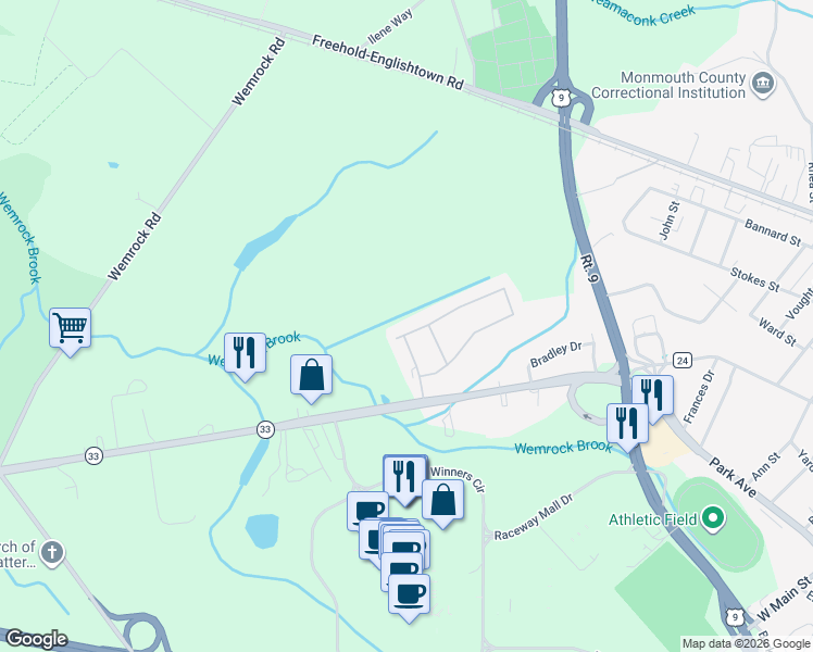 map of restaurants, bars, coffee shops, grocery stores, and more near 17 Militia Hill Road in Freehold Township