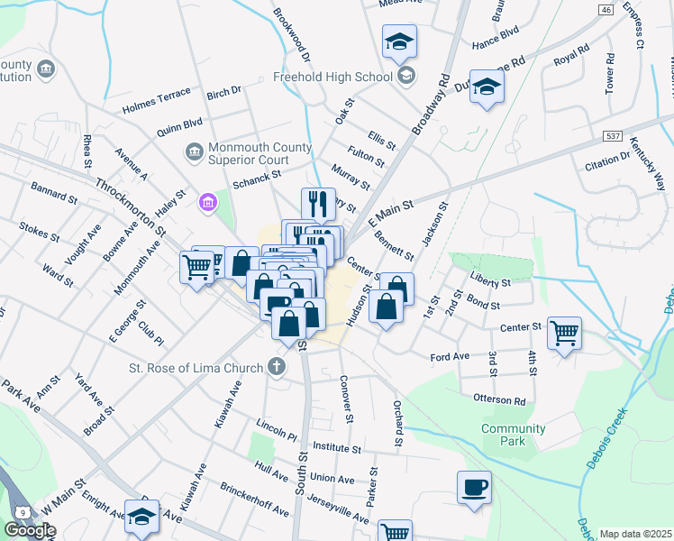 map of restaurants, bars, coffee shops, grocery stores, and more near 42 East Main Street in Freehold