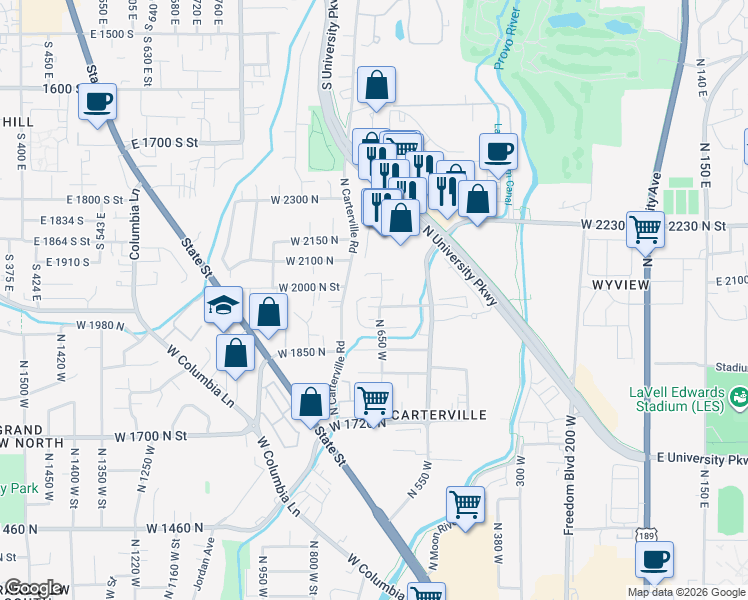 map of restaurants, bars, coffee shops, grocery stores, and more near 1987 North 650 West in Provo