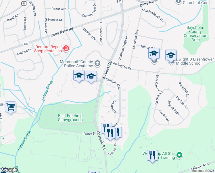 map of restaurants, bars, coffee shops, grocery stores, and more near 16 Cooper Court in Freehold