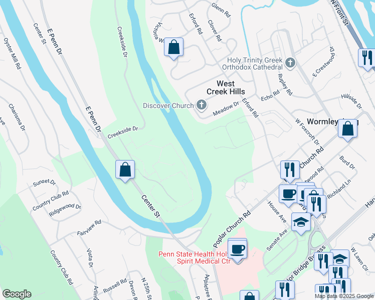 map of restaurants, bars, coffee shops, grocery stores, and more near in Camp Hill