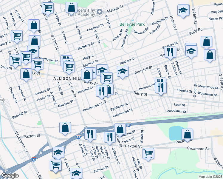 map of restaurants, bars, coffee shops, grocery stores, and more near 2006 Derry Street in Harrisburg
