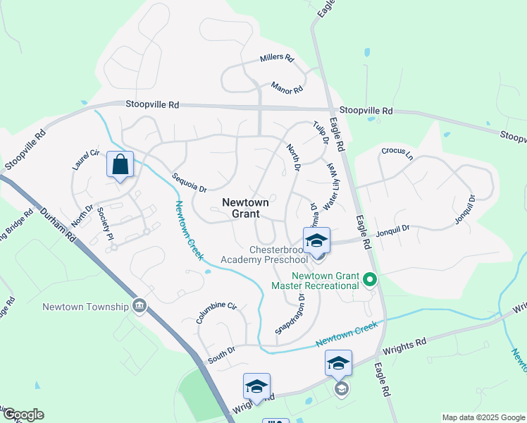 map of restaurants, bars, coffee shops, grocery stores, and more near 530 Coach Wood Court in Newtown