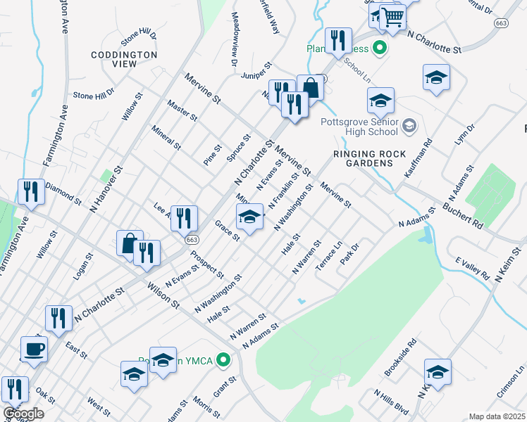 map of restaurants, bars, coffee shops, grocery stores, and more near 1101 North Franklin Street in Pottstown