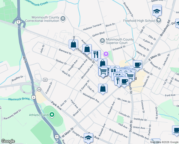 map of restaurants, bars, coffee shops, grocery stores, and more near 17 Monmouth Avenue in Freehold