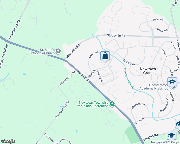 map of restaurants, bars, coffee shops, grocery stores, and more near 22 Laurel Circle in Newtown
