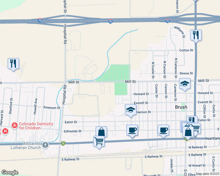 map of restaurants, bars, coffee shops, grocery stores, and more near 1208 Mill Street in Brush