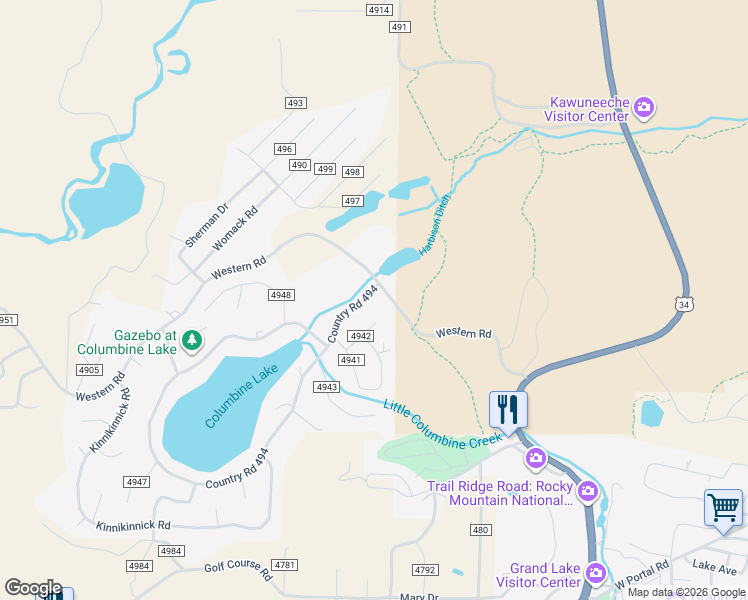 map of restaurants, bars, coffee shops, grocery stores, and more near 11 Columbine Drive in Grand Lake