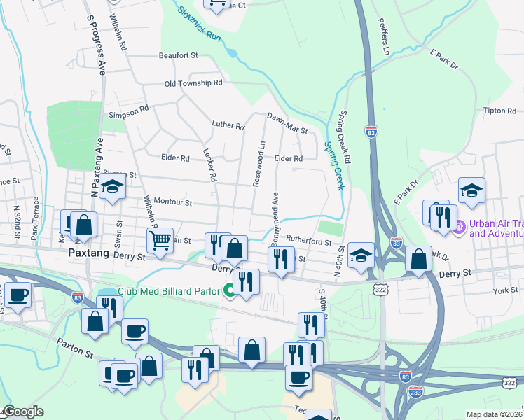 map of restaurants, bars, coffee shops, grocery stores, and more near 320 Bonnymead Avenue in Harrisburg