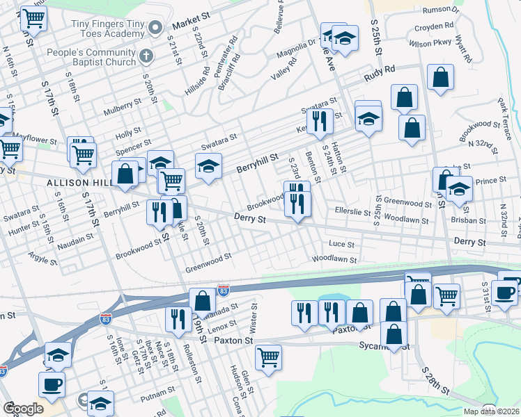 map of restaurants, bars, coffee shops, grocery stores, and more near 2180 Brookwood Street in Harrisburg