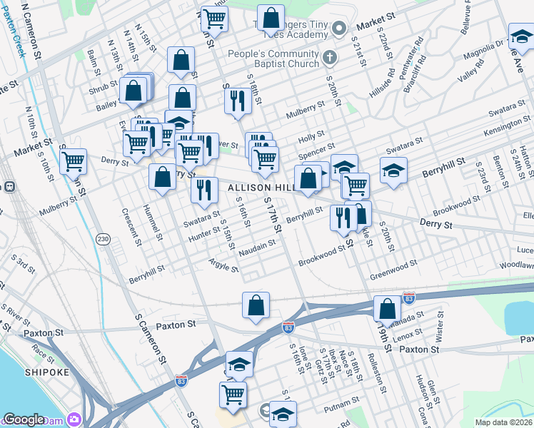 map of restaurants, bars, coffee shops, grocery stores, and more near 1716 Hunter Street in Harrisburg