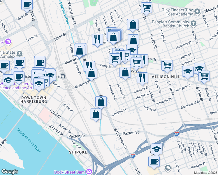 map of restaurants, bars, coffee shops, grocery stores, and more near 243 Crescent Street in Harrisburg
