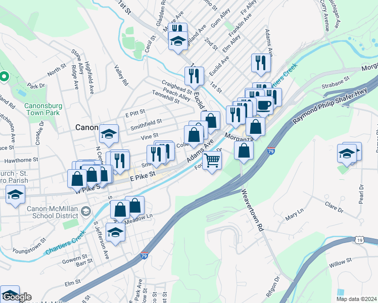 map of restaurants, bars, coffee shops, grocery stores, and more near 223 East College Street in Canonsburg