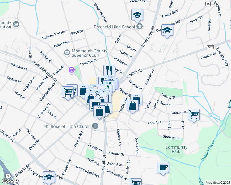 map of restaurants, bars, coffee shops, grocery stores, and more near 42 East Main Street in Freehold