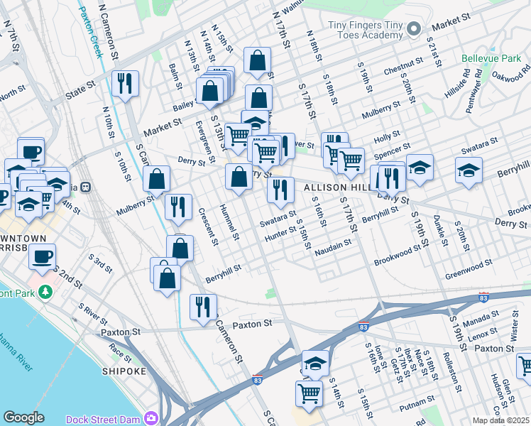 map of restaurants, bars, coffee shops, grocery stores, and more near 334 South 14th Street in Harrisburg