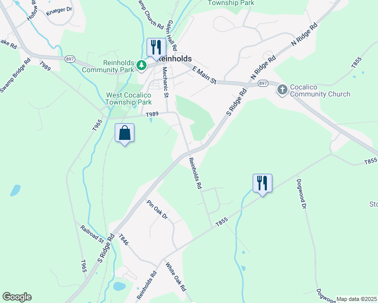 map of restaurants, bars, coffee shops, grocery stores, and more near 192 Mechanic Street in Reinholds