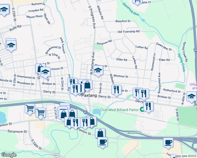 map of restaurants, bars, coffee shops, grocery stores, and more near 3530 Rutherford Street in Paxtang