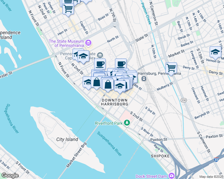 map of restaurants, bars, coffee shops, grocery stores, and more near 223 Walnut Street in Harrisburg