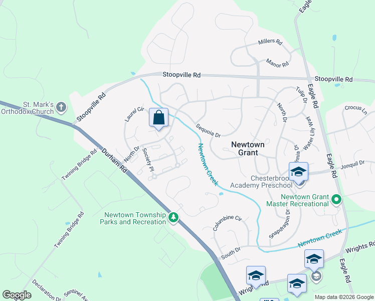 map of restaurants, bars, coffee shops, grocery stores, and more near 3207 Society Place in Newtown