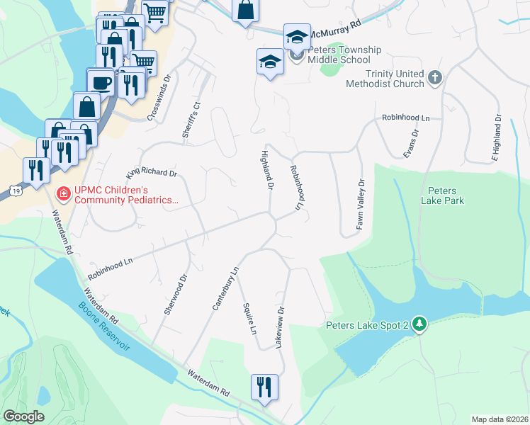 map of restaurants, bars, coffee shops, grocery stores, and more near 224 Robinhood Lane in Canonsburg