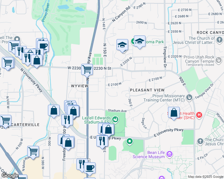 map of restaurants, bars, coffee shops, grocery stores, and more near 182 East 2090 North in Provo