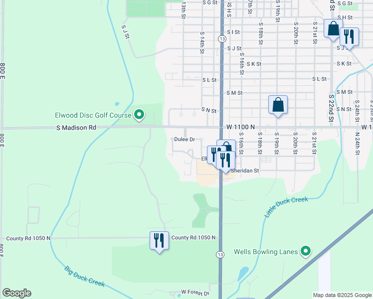 map of restaurants, bars, coffee shops, grocery stores, and more near 1305 Dulee Drive in Elwood