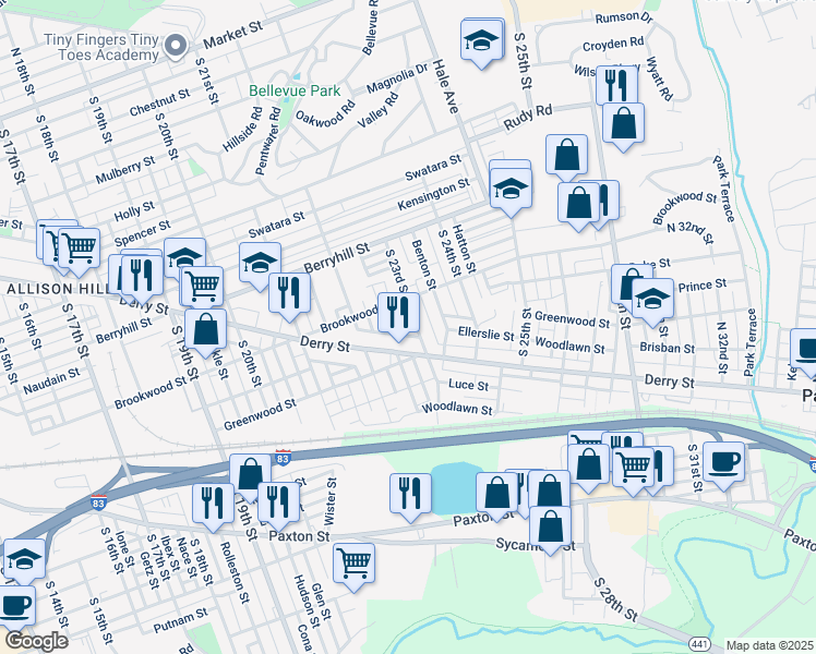 map of restaurants, bars, coffee shops, grocery stores, and more near 622 South 23rd Street in Harrisburg
