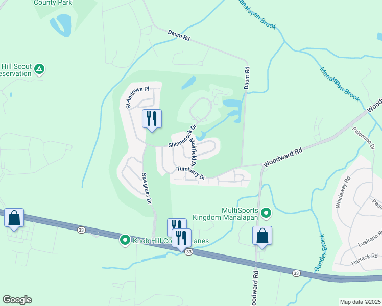map of restaurants, bars, coffee shops, grocery stores, and more near 13 Muirfield Dr in Manalapan