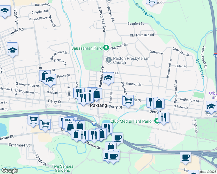 map of restaurants, bars, coffee shops, grocery stores, and more near 3530 Rutherford Street in Paxtang