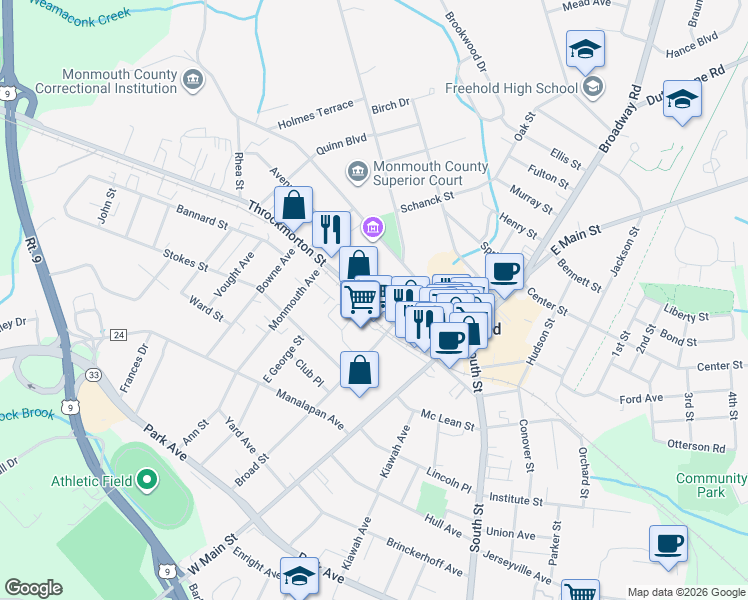 map of restaurants, bars, coffee shops, grocery stores, and more near 89 Throckmorton Street in Freehold