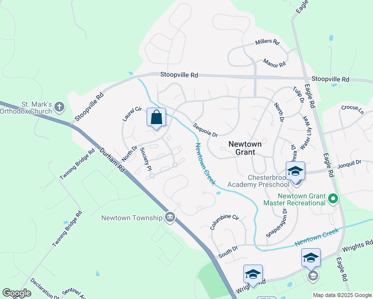 map of restaurants, bars, coffee shops, grocery stores, and more near 3307 Society Place in Newtown