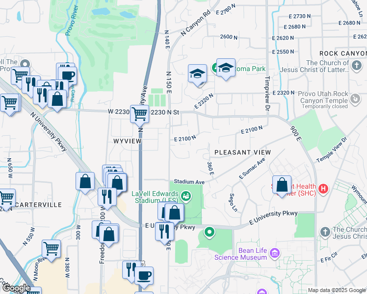 map of restaurants, bars, coffee shops, grocery stores, and more near 2048 North Canyon Road in Provo