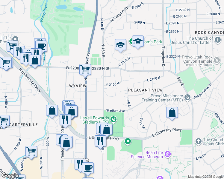 map of restaurants, bars, coffee shops, grocery stores, and more near 192 East 2090 North in Provo