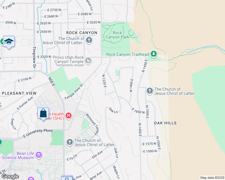 map of restaurants, bars, coffee shops, grocery stores, and more near 2025 Oak Lane in Provo
