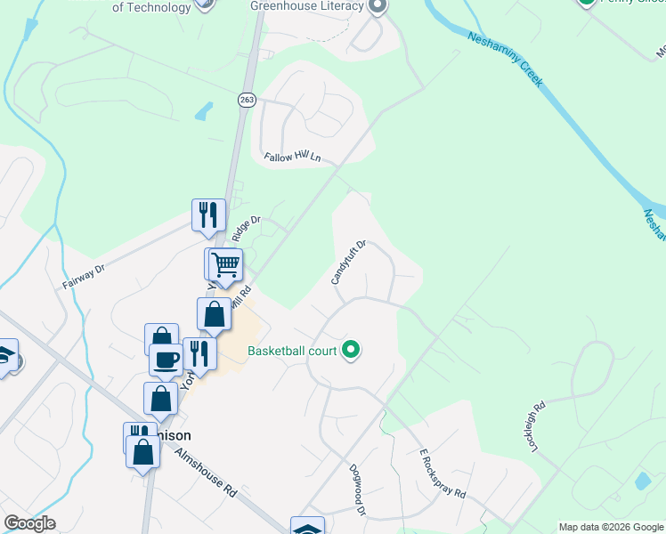 map of restaurants, bars, coffee shops, grocery stores, and more near 2540 Candytuft Drive in Jamison