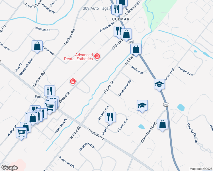 map of restaurants, bars, coffee shops, grocery stores, and more near 2126 North Line Street in Lansdale