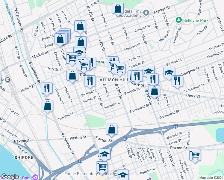 map of restaurants, bars, coffee shops, grocery stores, and more near 1610 Hunter Street in Harrisburg