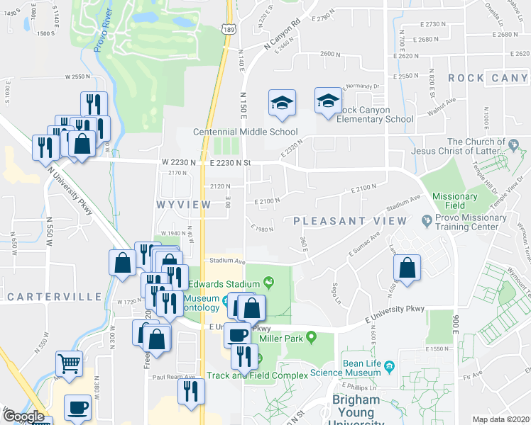 map of restaurants, bars, coffee shops, grocery stores, and more near 2048 North Canyon Road in Provo
