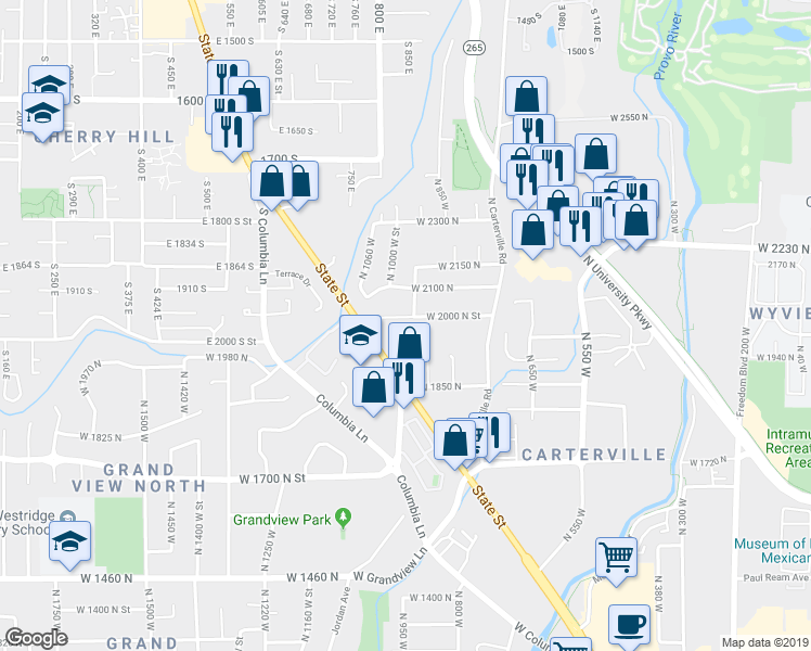 map of restaurants, bars, coffee shops, grocery stores, and more near 958 West 2000 North Street in Provo