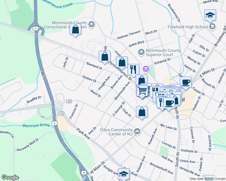 map of restaurants, bars, coffee shops, grocery stores, and more near 34 Bowne Avenue in Freehold